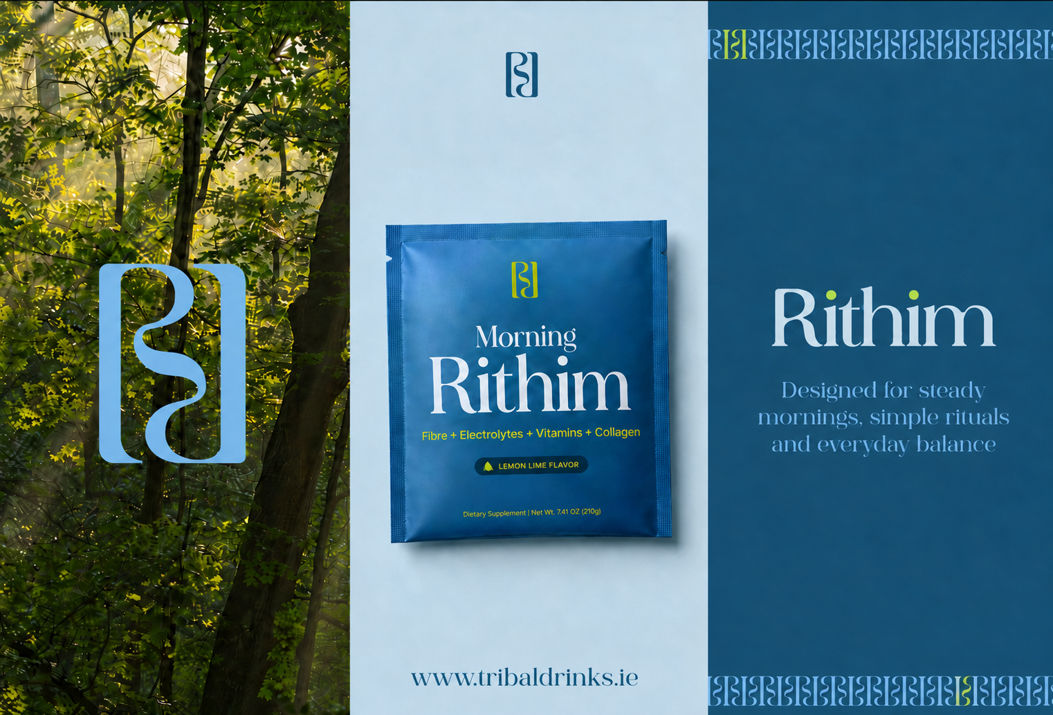 Morning Rithim brand identity — forest, sachet and brand message